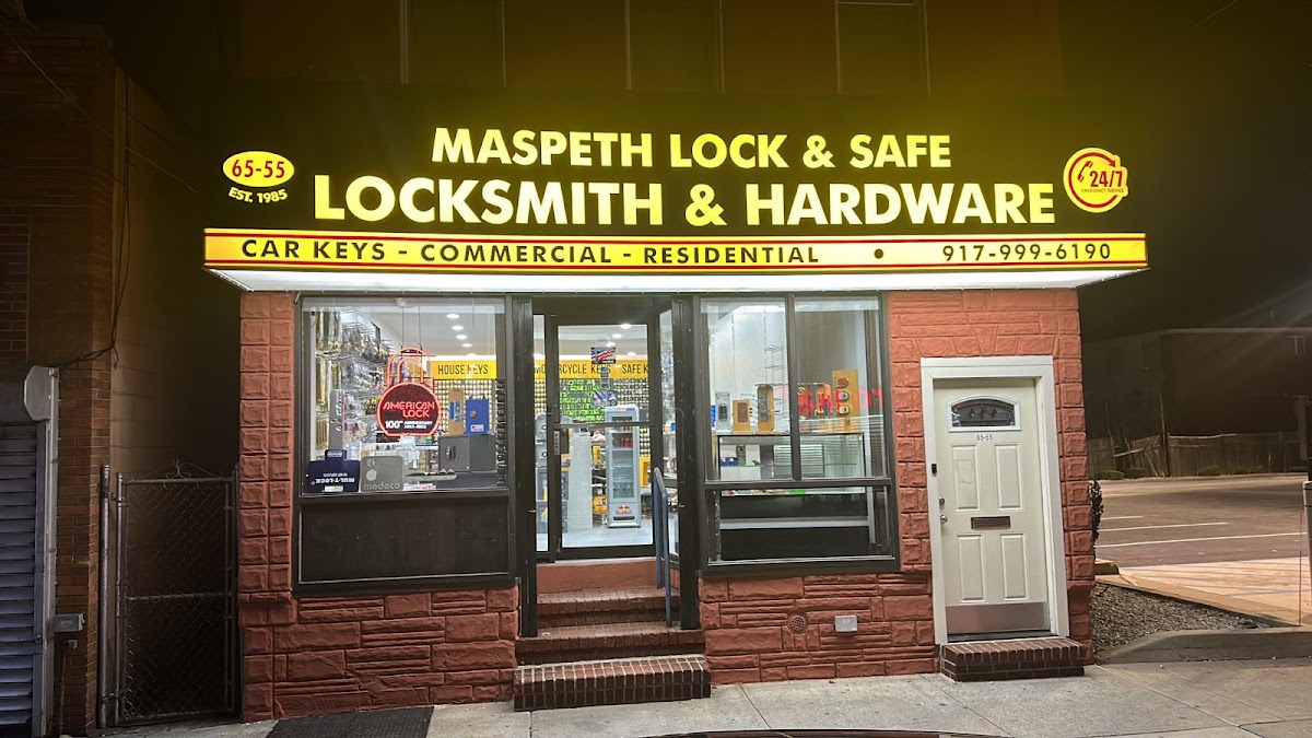 Maspeth Lock and Safe Co storefront at night